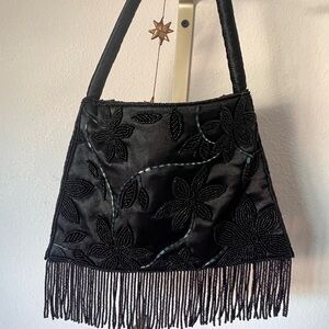Black Silk Beaded Floral Fringe Bag